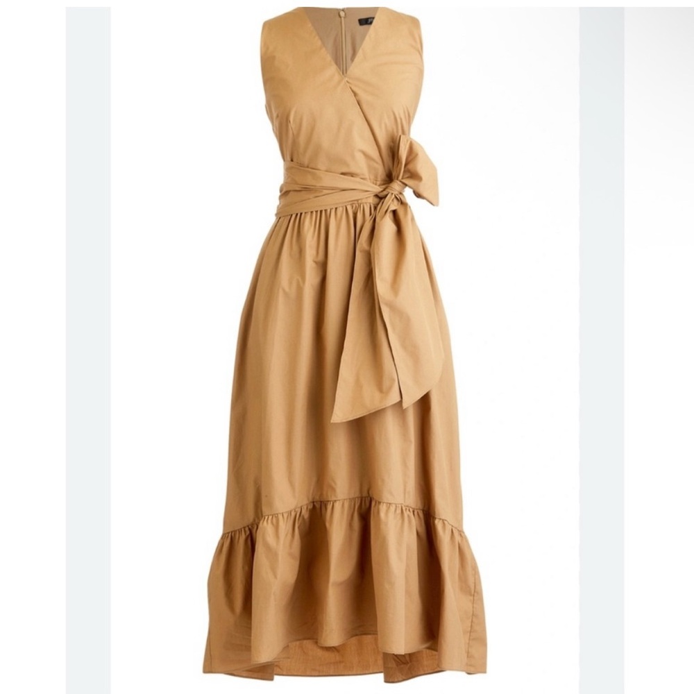 J. Crew Tan Faux Wrap Crisp 100% Cotton Midi Dress